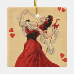 Vintage Valentinstag, tanzende Dame rote Herzen Keramikornament