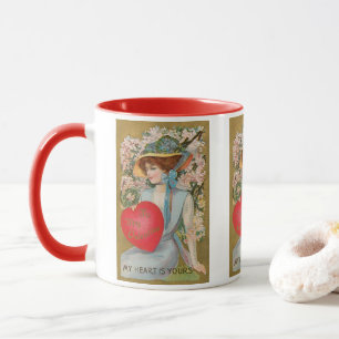Vintage Valentinstag, viktorianische Dame mit Herz Tasse