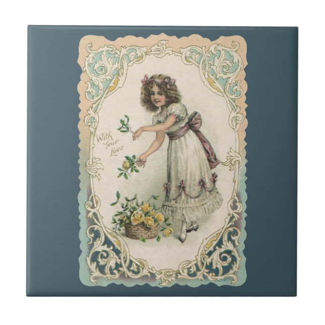 Vintage Valentinstag, viktorianisches Mädchen mit  Fliese (Vorderseite)