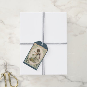 Vintage Valentinstag, viktorianisches Mädchen mit Geschenkanhänger