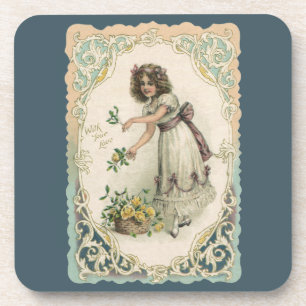 Vintage Valentinstag, viktorianisches Mädchen mit  Getränkeuntersetzer