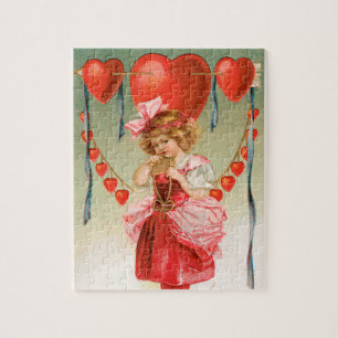 Vintage Valentinstag, viktorianisches Mädchen mit Puzzle