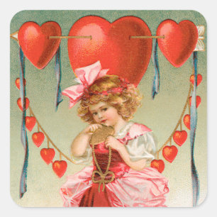 Vintage Valentinstag, viktorianisches Mädchen mit Quadratischer Aufkleber