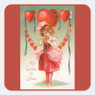 Vintage Valentinstag, viktorianisches Mädchen mit Quadratischer Aufkleber
