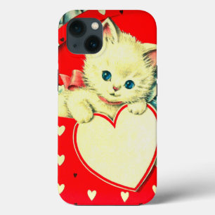 Vintage Valentinstag-Weißes Kätzchen in roter Herz Case-Mate iPhone Hülle