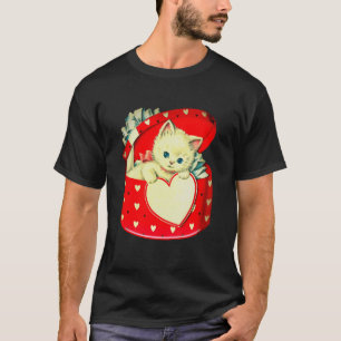Vintage Valentinstag-Weißes Kätzchen in roter Herz T-Shirt