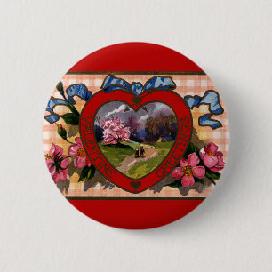 Vintage Valentinstagsgrüße Herz und Blumen Button