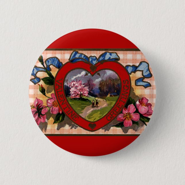 Vintage Valentinstagsgrüße Herz und Blumen Button (Vorderseite)