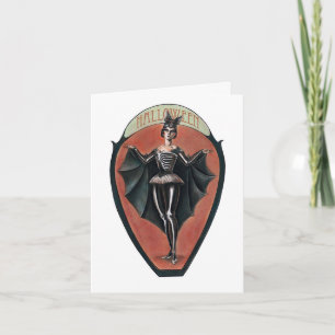 Vintage-Vampir-Skelett-Frau-Halloween-Karte Karte