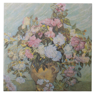 Vintage Van Gogh rosa Rosen in einer Vase Fliese