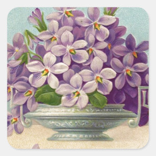 Vintage Vase der violetten Blumen Quadratischer Aufkleber