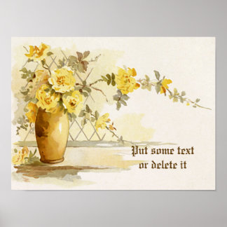 Vintage Vase mit gelben Rosen, Aquarelldruck Poster