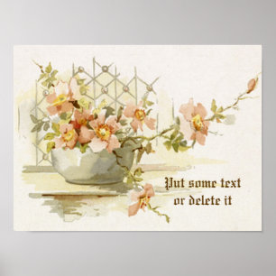 Vintage Vase mit rosa Rosen; Aquarelldruck Poster