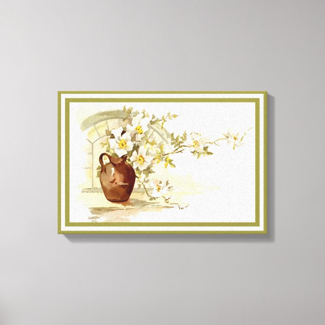 Vintage Vase, weiß Rosen, Aquarelldruck Leinwanddruck (Vorderseite)