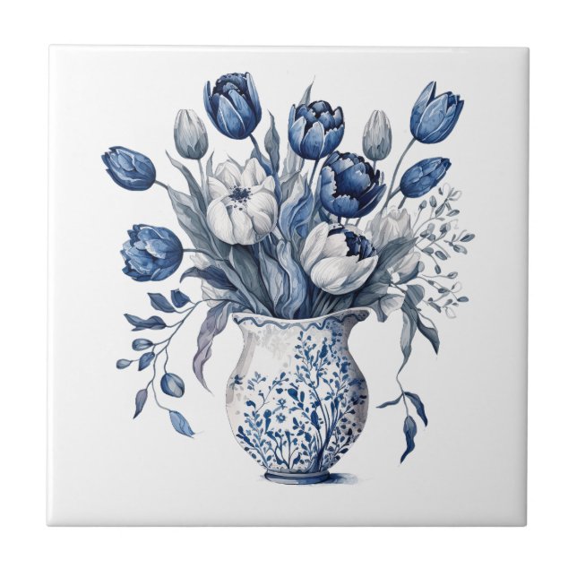 Vintage Vasenblume Blau Chinoiserie  Fliese (Vorderseite)