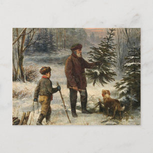 Vintage - Vater und Sohn beim Weihnachtsbaum aussu Feiertagspostkarte