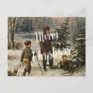 Vintage - Vater und Sohn beim Weihnachtsbaum aussu Feiertagspostkarte