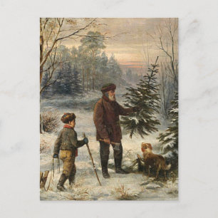 Vintage - Vater und Sohn beim Weihnachtsbaum aussu Feiertagspostkarte