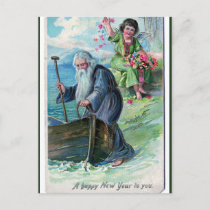 Vintage Vaterzeit und Cherub Happy New Year Postkarte