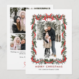 Vintage Velvet Green Stripped Red Bow 5 Photo Feiertagskarte