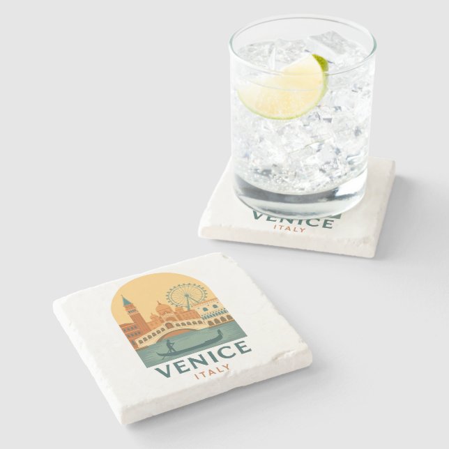 Vintage Venice Italy Stone Coaster – Retro Gondola Steinuntersetzer (Seitenansicht)