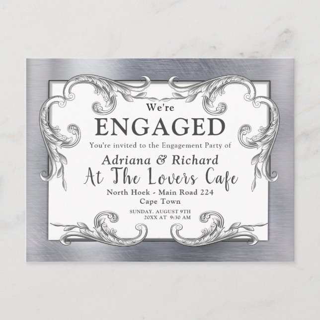 Vintage Verlobung in goldsilberfarbenem Rahmen Einladungspostkarte (Vorderseite)