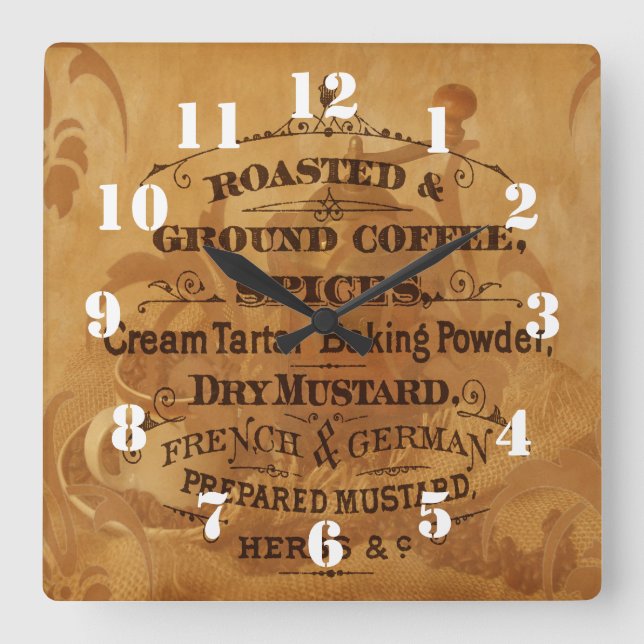 Vintage Verzierte Coffee-Design-Küche Quadratische Wanduhr (Vorderseite)