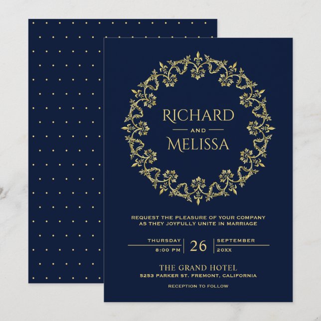 Vintage Verzierte Hochzeit mit Goldfloralblumen Einladung (Vorne/Hinten)