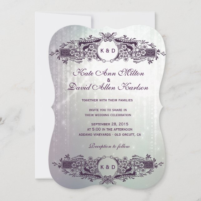 Vintage Verzierte Lila Sparkle Hochzeit Einladung (Vorderseite)