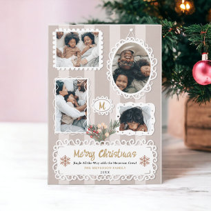 Vintage verzierte Rahmen Weihnachtsfamilie 5 Fotos Feiertagskarte