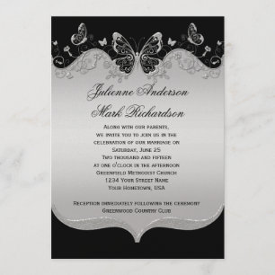 Vintage Verzierte Schwarze Silberschmetterlinge Ho Einladung