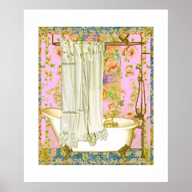 Vintage Victorian Bathtub Brass Fixtures Pink  Poster (Vorne)