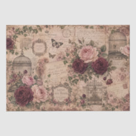Vintage Victorian Blush Burgundy Roses Birdcages Seidenpapier