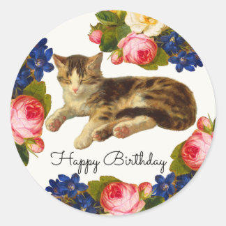 Vintage Victorian Cat Nap Floral Happy Birthday Runder Aufkleber