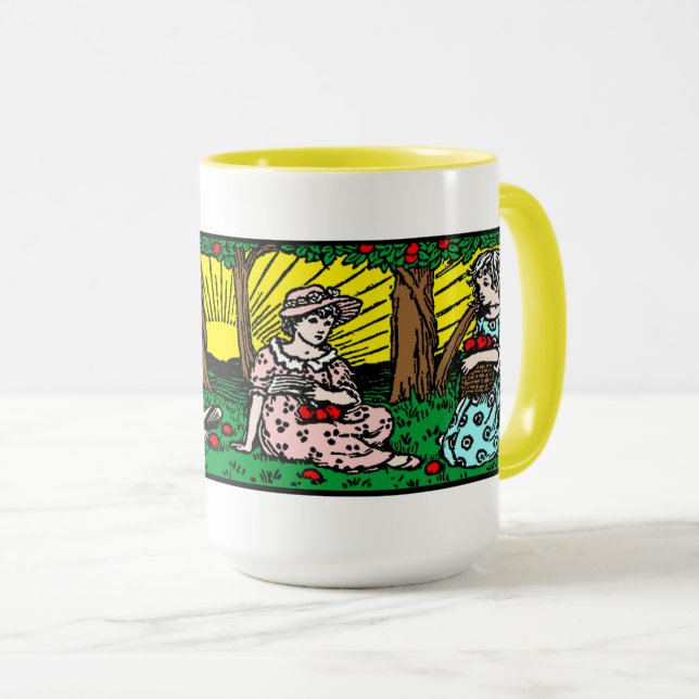 Vintage Victorian Era Girls Gathering Apples Tasse (VorderseiteRechts)