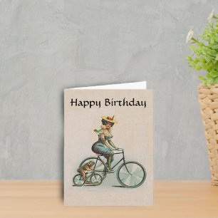 Vintage Victorian Lady Hund Fahrrad Geburtstag Karte