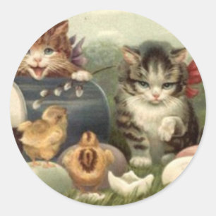 Vintage-Victorian-Retro-Kunst-Katzen-Kätzchen-Oste Runder Aufkleber