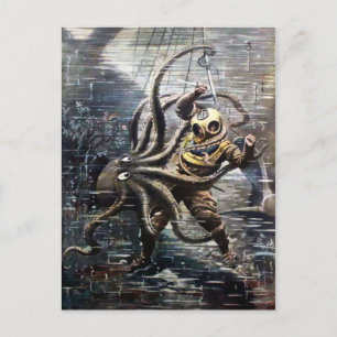 Vintage-Victorian-Taucher-Oktopus-Kampf Postkarte