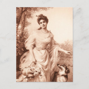 Vintage Victorian Woman w Border Collie Dog Retro Postkarte