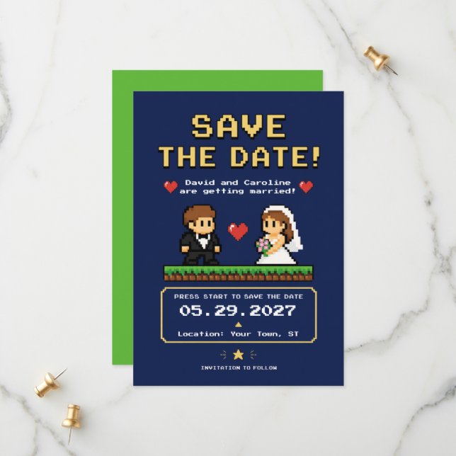 Vintage-Videospiel-Pixel-Style-Hochzeit Save The Date (Vorderseite/Rückseite Beispiel)