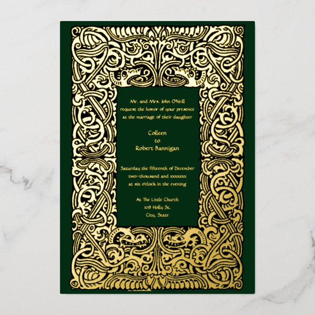 Vintage Viking Dragon Knots Border Wedding Folieneinladung (Vorderseite)