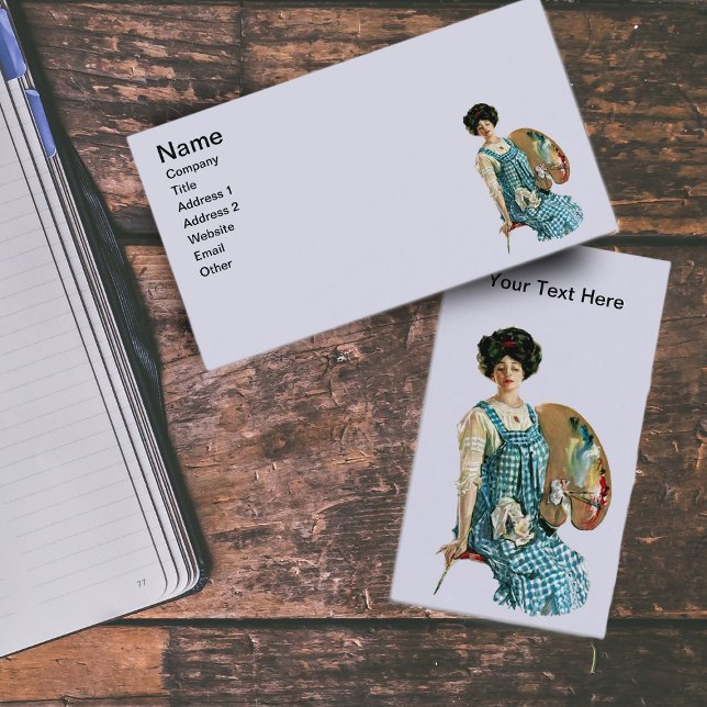 Vintage Viktorianische Artist Lady Painter Palette Visitenkarte (Victorian artist lady with brush and paint palette on pale blue business cards.)