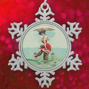 Vintage viktorianische Bade-Schönheit Lady Ozean Schneeflocken Zinn-Ornament