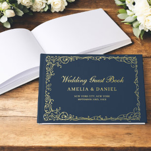 Vintage Viktorianische Blumen-Navy-Gold-Hochzeit Gästebuch