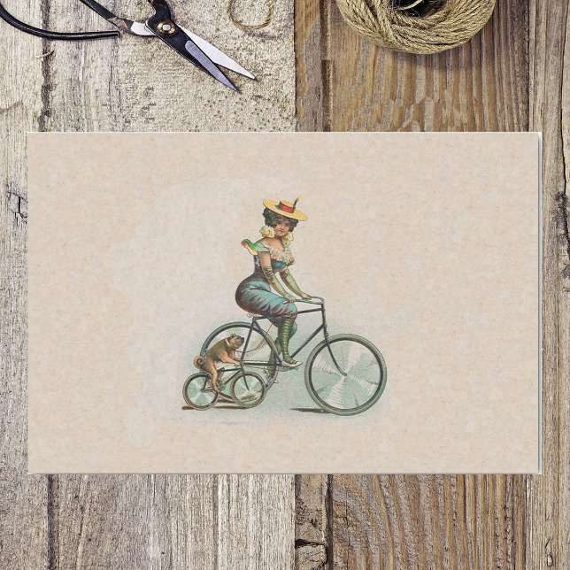 Vintage Viktorianische Dame Hund Fahrrad Seidenpapier (Victorian lady riding bicycle beside her bulldog also on bike on tan wrapping tissue paper.)