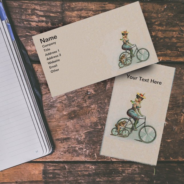 Vintage Viktorianische Dame Hund Fahrrad Visitenkarte (Victorian lady riding bicycle beside bulldog on bike on tan business cards.)