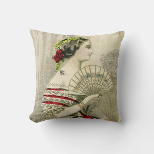 Vintage Viktorianische Frau mit Fan-Throw-Kissen Kissen