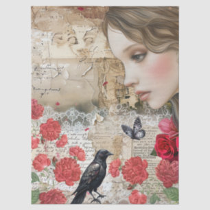 Vintage Viktorianische Girl-Rote Rosen & Raven-Dek Seidenpapier