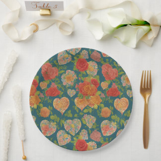 Vintage Viktorianische Herzen und Rose jagen grün Pappteller