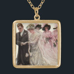 Vintage Viktorianische Hochzeitsfeier Braut und Br Vergoldete Kette<br><div class="desc">Vintage Illustration Liebe und Romantik Viktorianische Hochzeitszeremonie Bild mit der Braut und Bräutigam zu heiraten. Die Jungvermählten knien auf einem Kissen und die Brautmädchen tragen elegante extravagante Hüte mit Federn und halten Sträucher von Blume. Künstlerin: Harrison Fisher,  mit dem Titel The Wedding.</div>
